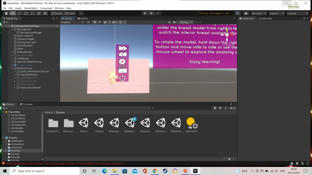 Unity game software showing pink button controls and a pink canvas with text on it.